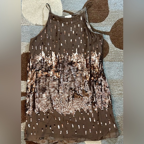 Parker Metallic Bronze & Rose Gold Sequin High Neck Silk Slip Shift Dress - Picture 3 of 8